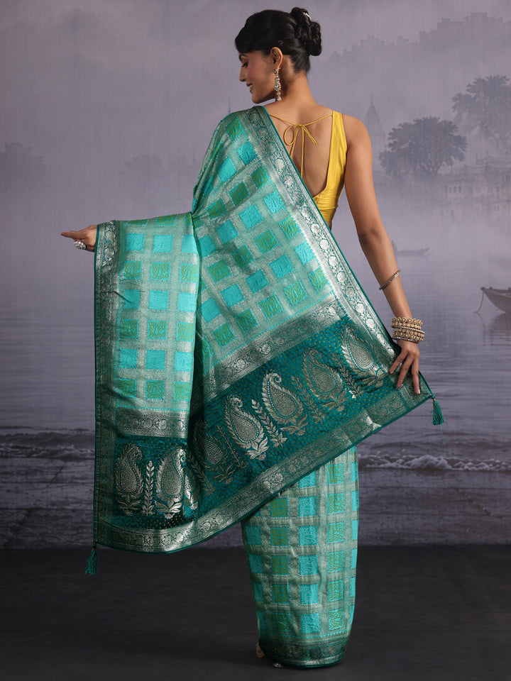 Libas Aqua Blue Gharchola Silk Blend Saree with Paisley Weave Pallu
