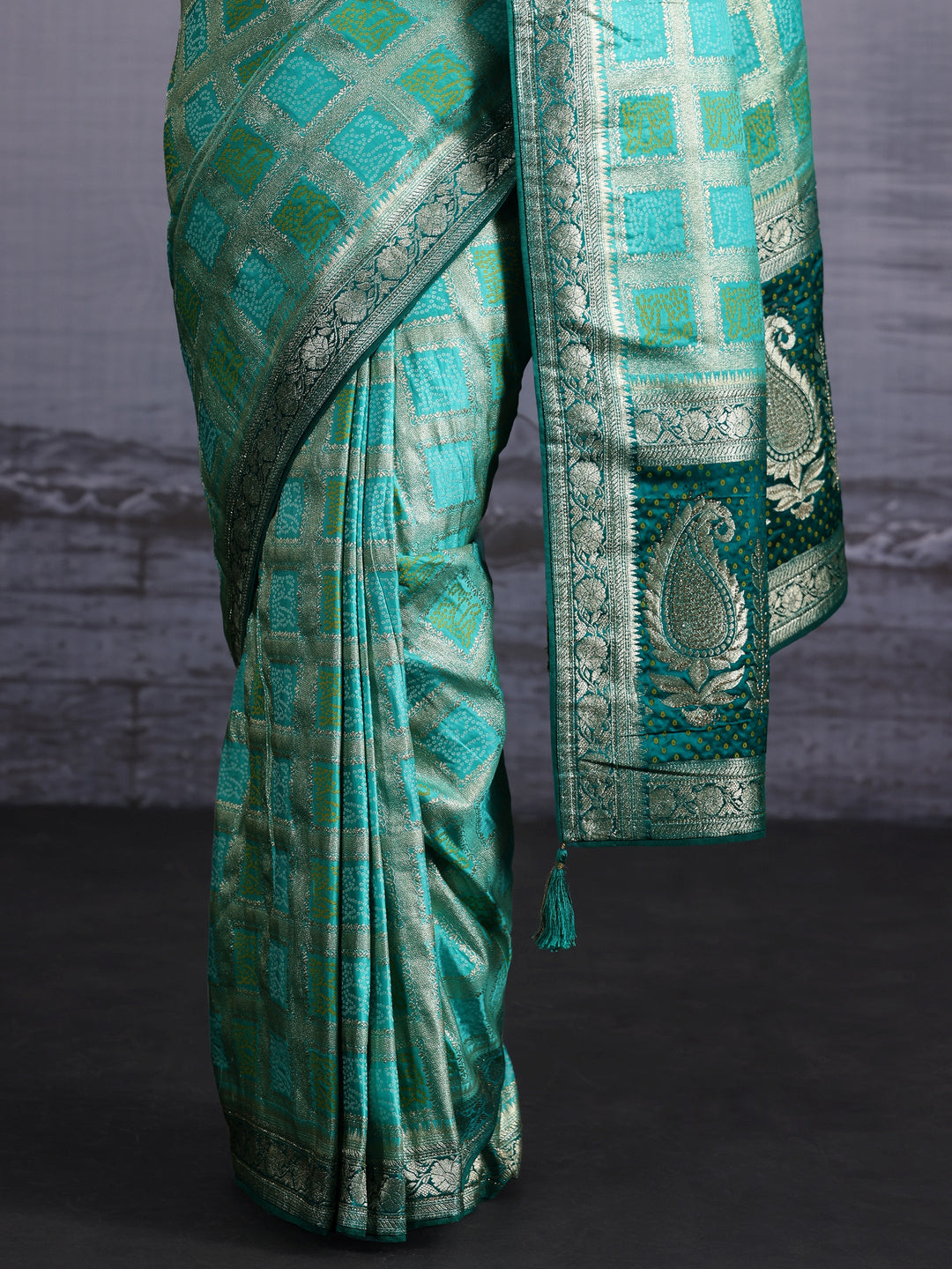 Libas Aqua Blue Gharchola Silk Blend Saree with Paisley Weave Pallu