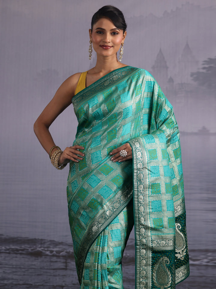 Libas Aqua Blue Gharchola Silk Blend Saree with Paisley Weave Pallu