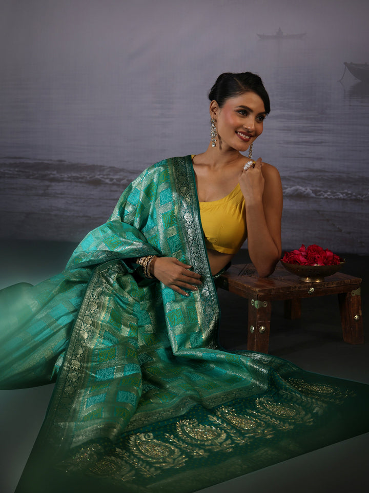 Libas Aqua Blue Gharchola Silk Blend Saree with Paisley Weave Pallu