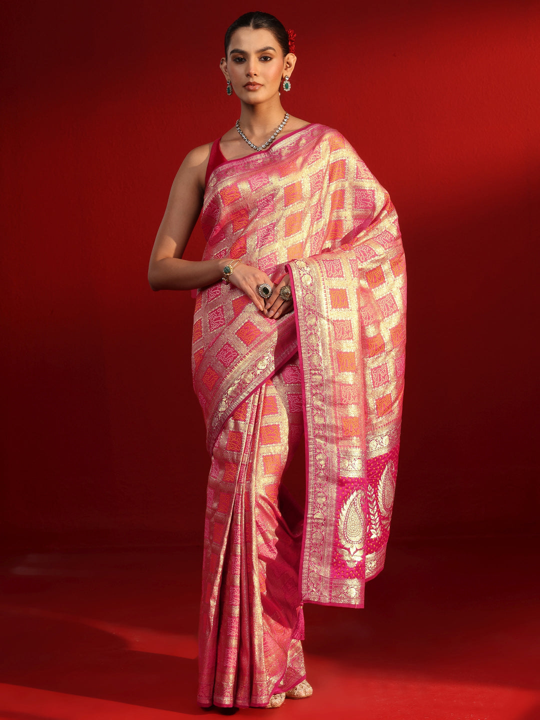 Libas Peach Gharchola Stone Work Silk Blend Saree