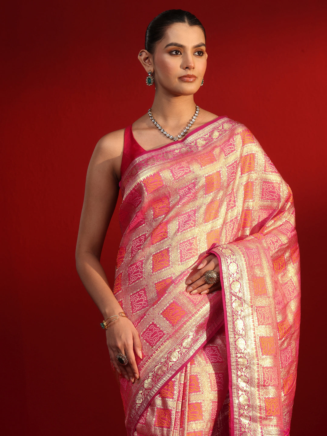 Libas Peach Gharchola Stone Work Silk Blend Saree