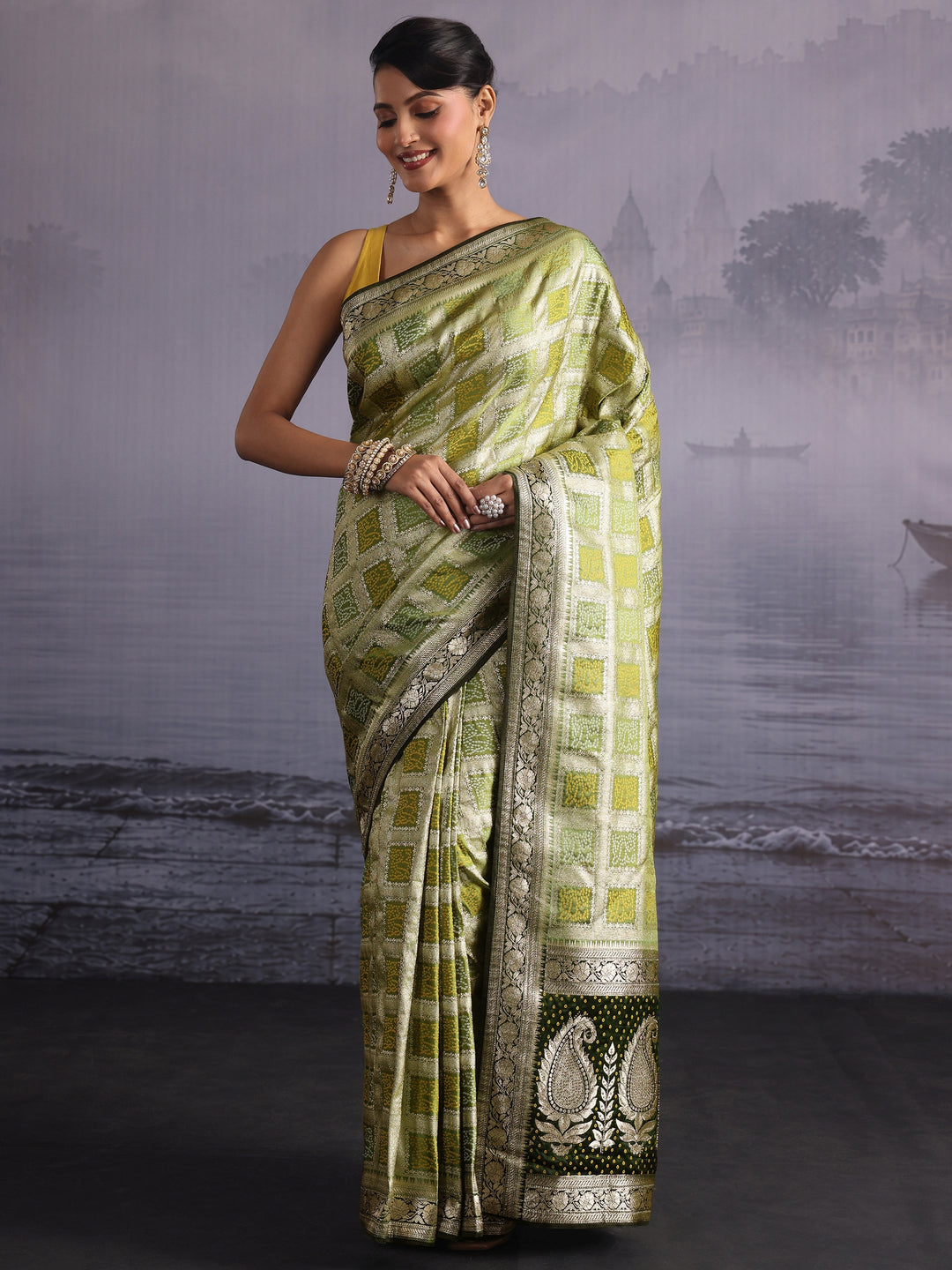 Libas Henna Green Gharchola Silk Blend Saree with Paisley Weave Pallu