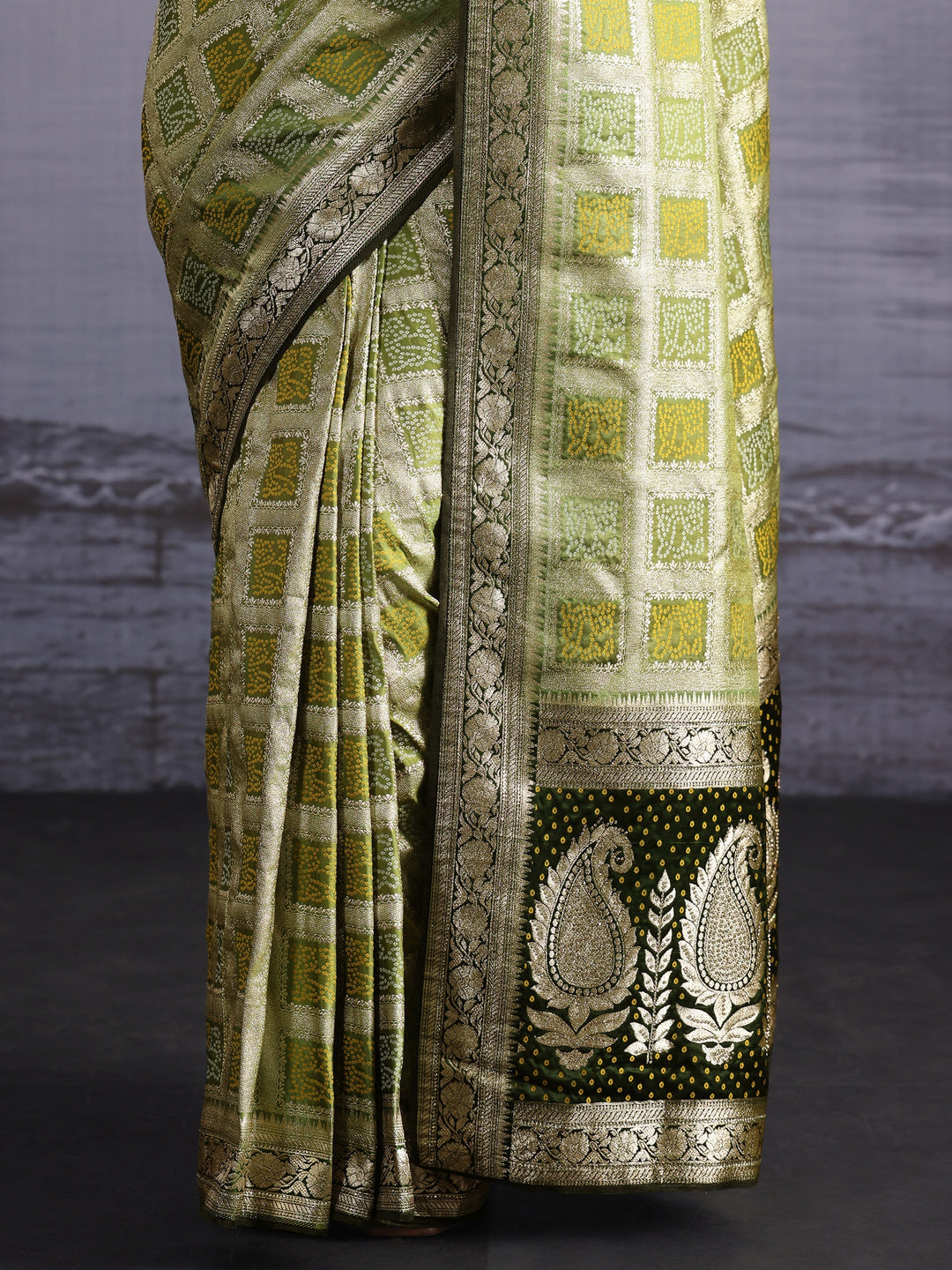 Libas Henna Green Gharchola Silk Blend Saree with Paisley Weave Pallu