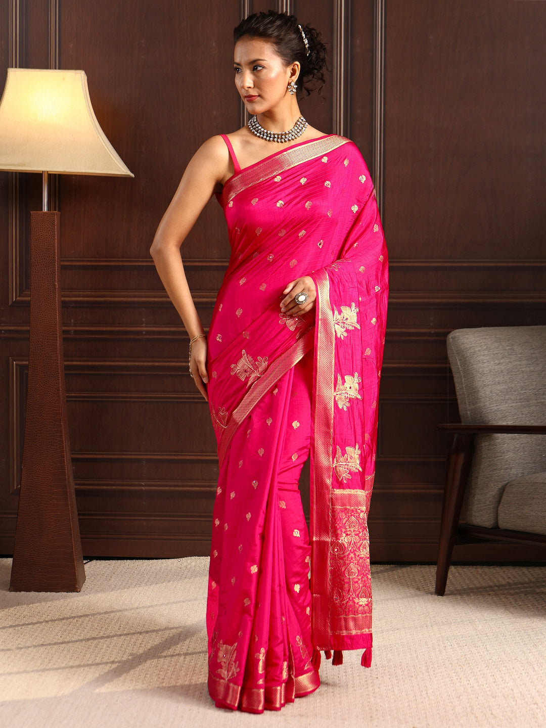 Libas Pink Zari Woven Floral Design Silk Blend Saree