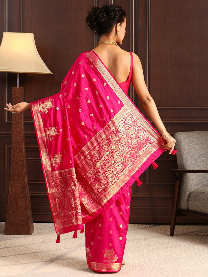 Libas Pink Zari Woven Floral Design Silk Blend Saree
