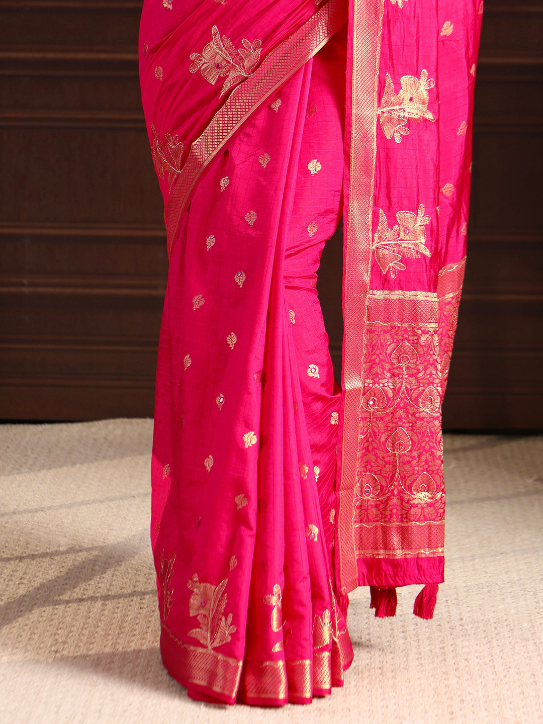 Libas Pink Zari Woven Floral Design Silk Blend Saree