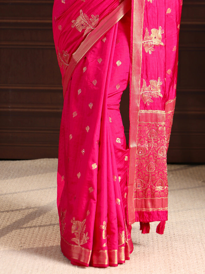 Libas Pink Zari Woven Floral Design Silk Blend Saree