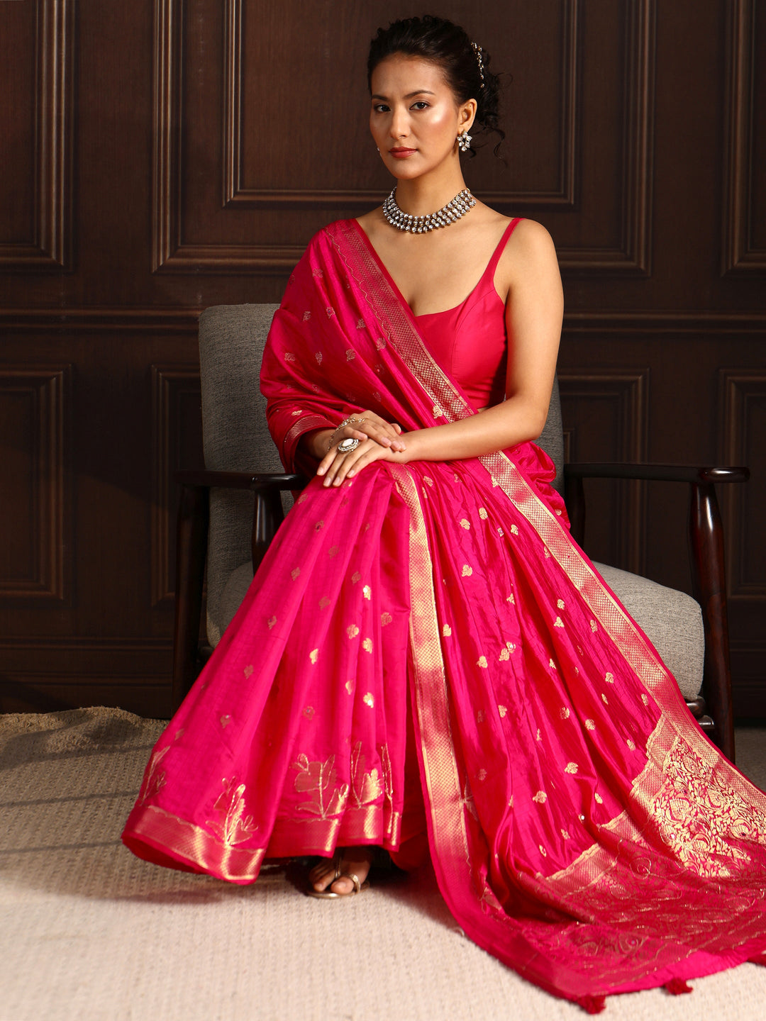 Libas Pink Zari Woven Floral Design Silk Blend Saree