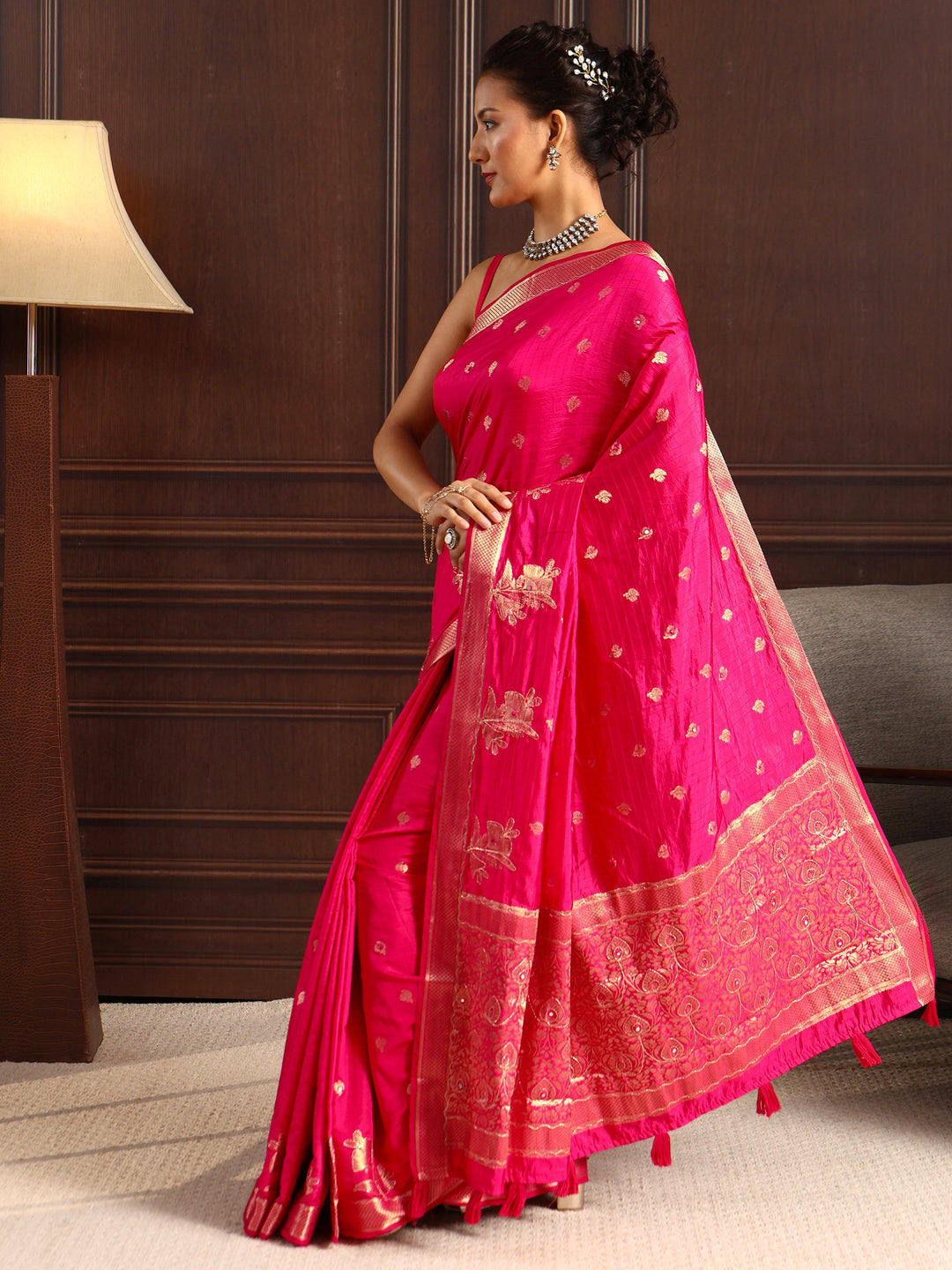 Libas Pink Zari Woven Floral Design Silk Blend Saree