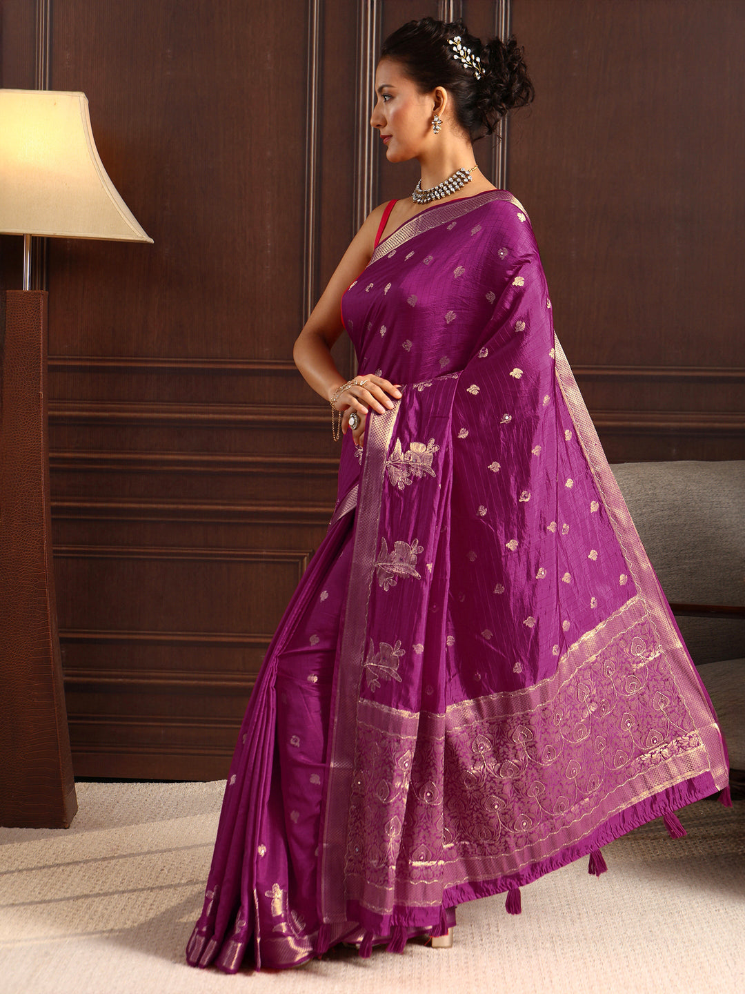 Libas Burgundy Zari Woven Floral Design Silk Blend Saree