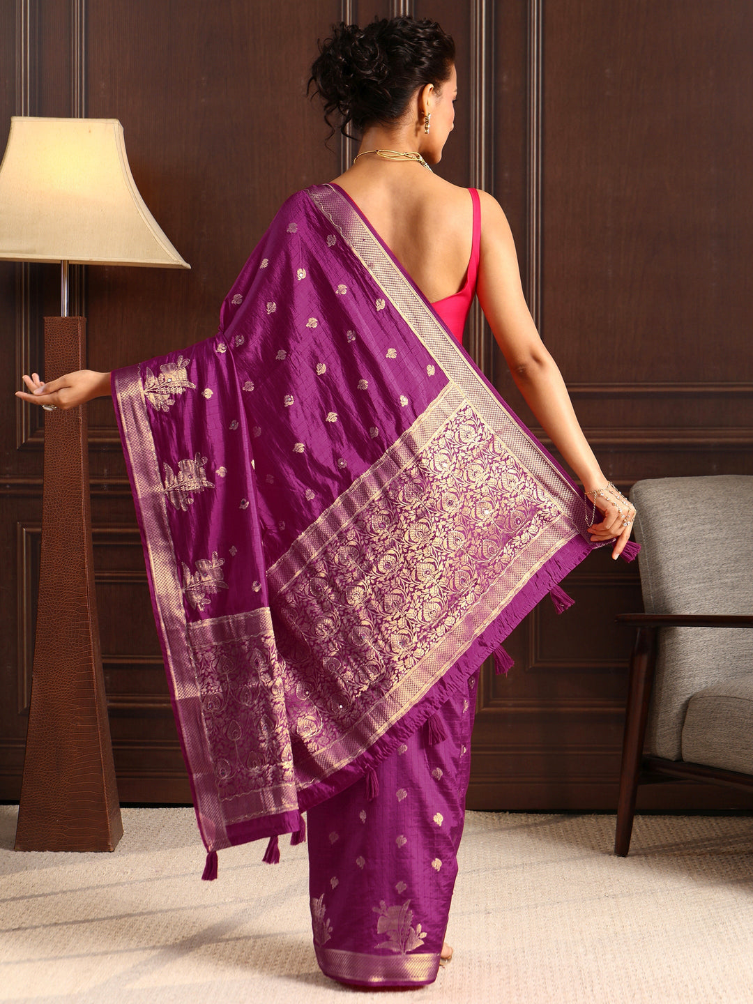 Libas Burgundy Zari Woven Floral Design Silk Blend Saree