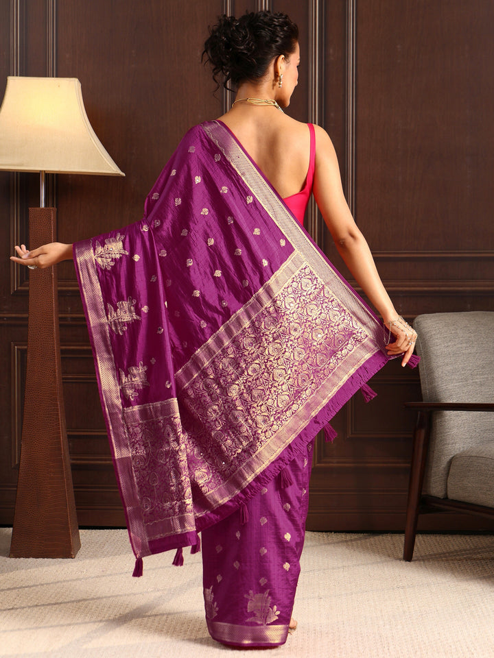 Libas Burgundy Zari Woven Floral Design Silk Blend Saree