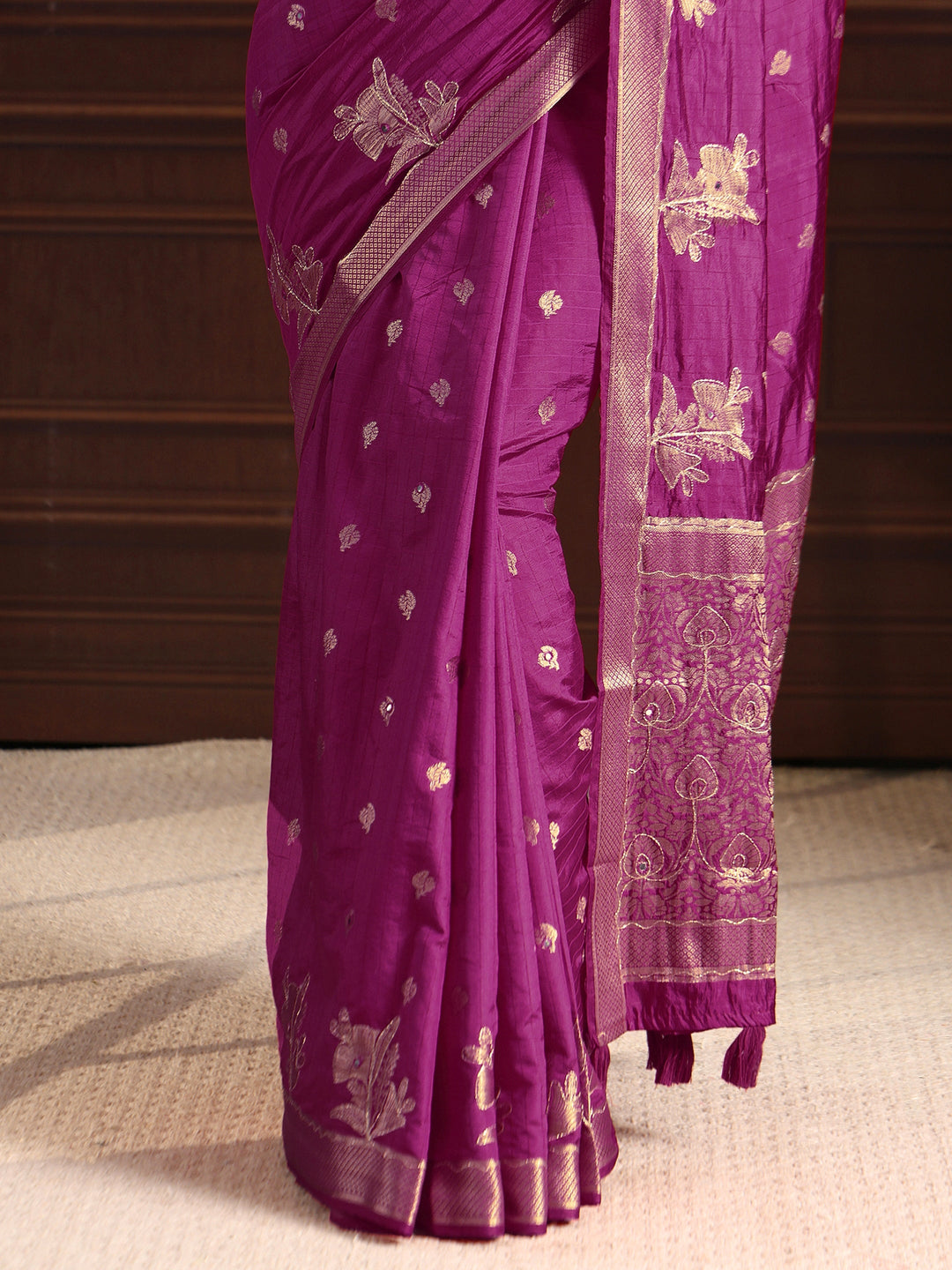 Libas Burgundy Zari Woven Floral Design Silk Blend Saree