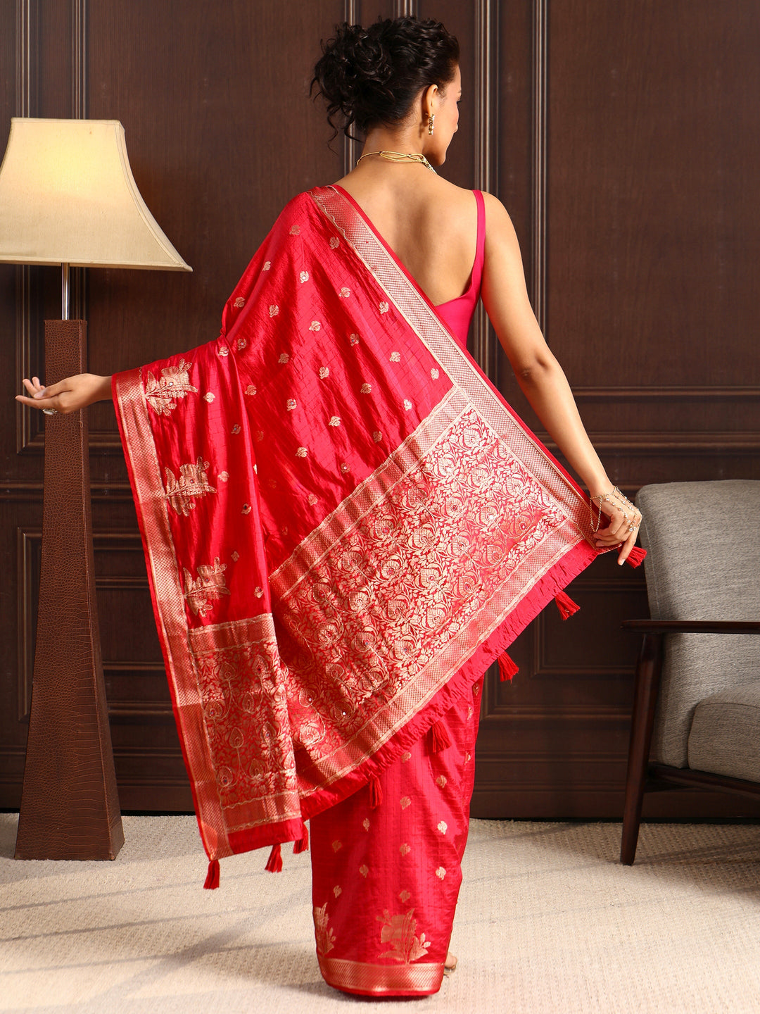 Libas Red Zari Woven Floral Design Silk Blend Saree