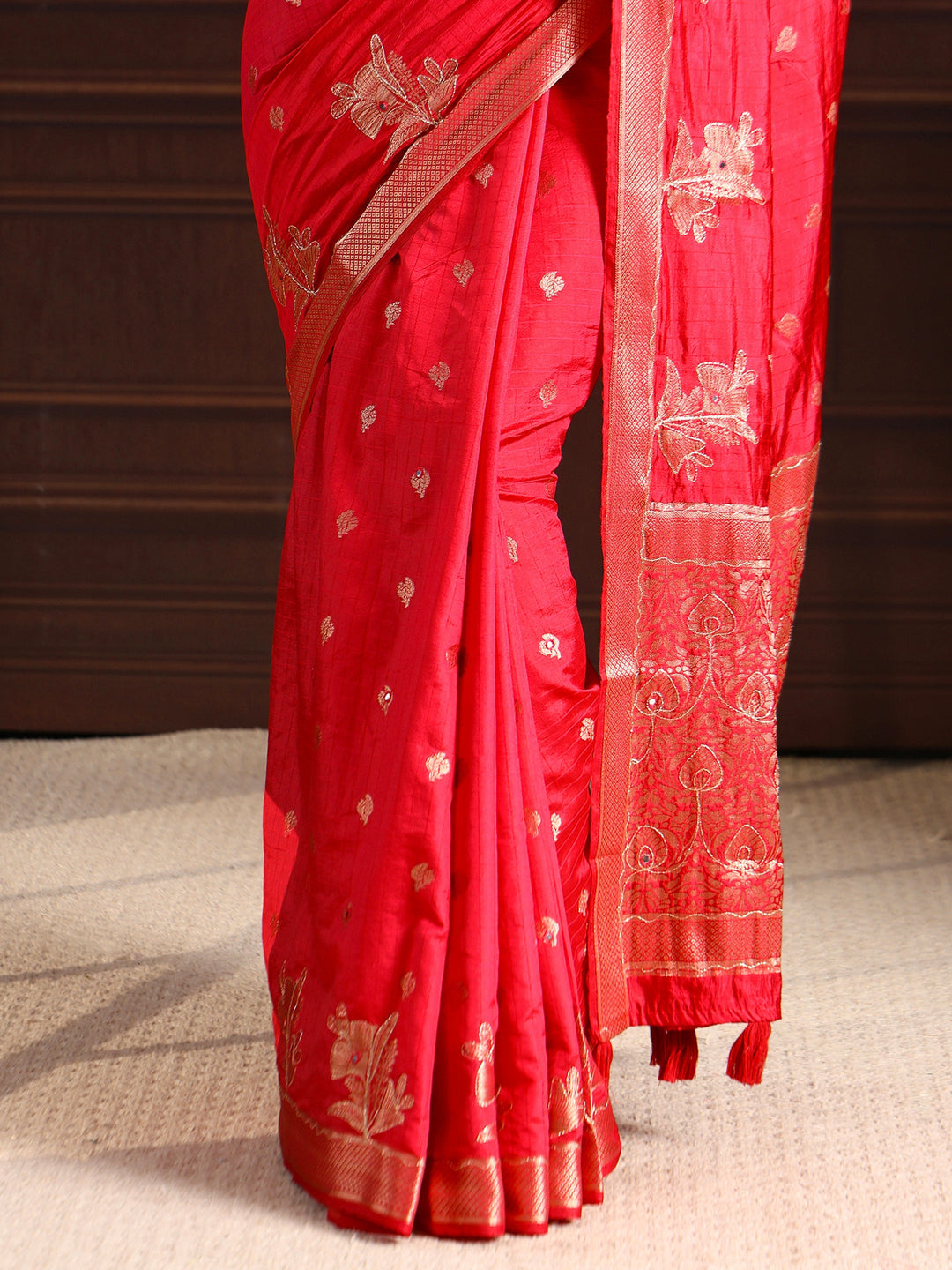 Libas Red Zari Woven Floral Design Silk Blend Saree