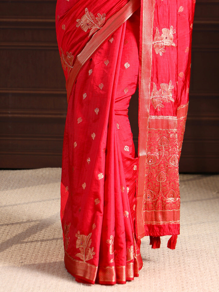 Libas Red Zari Woven Floral Design Silk Blend Saree