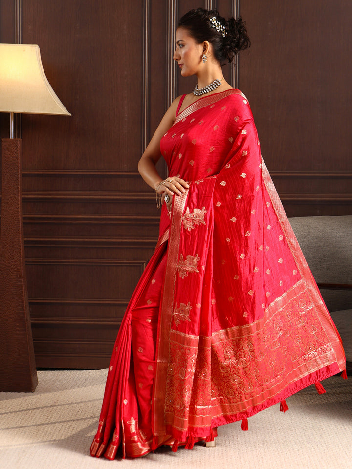 Libas Red Zari Woven Floral Design Silk Blend Saree