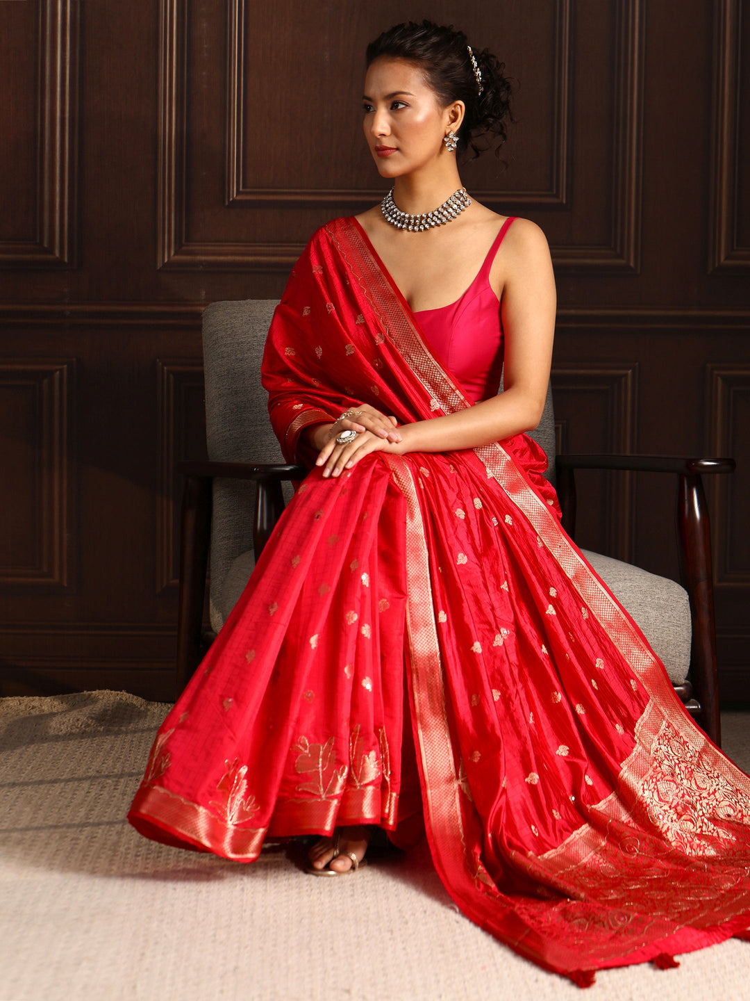 Libas Red Zari Woven Floral Design Silk Blend Saree