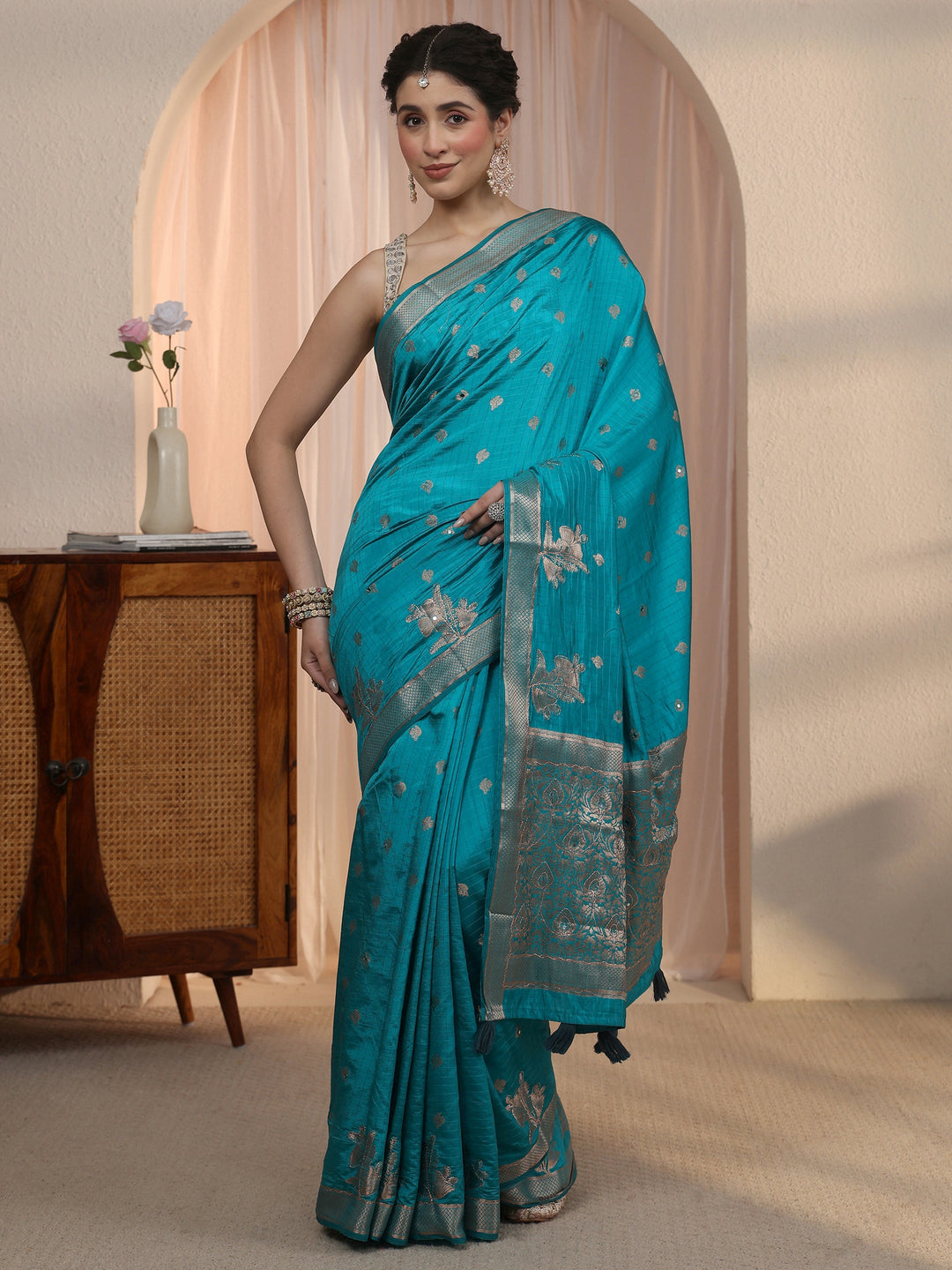 Libas Turquoise Blue Woven Design Mirror Work Silk Blend Saree