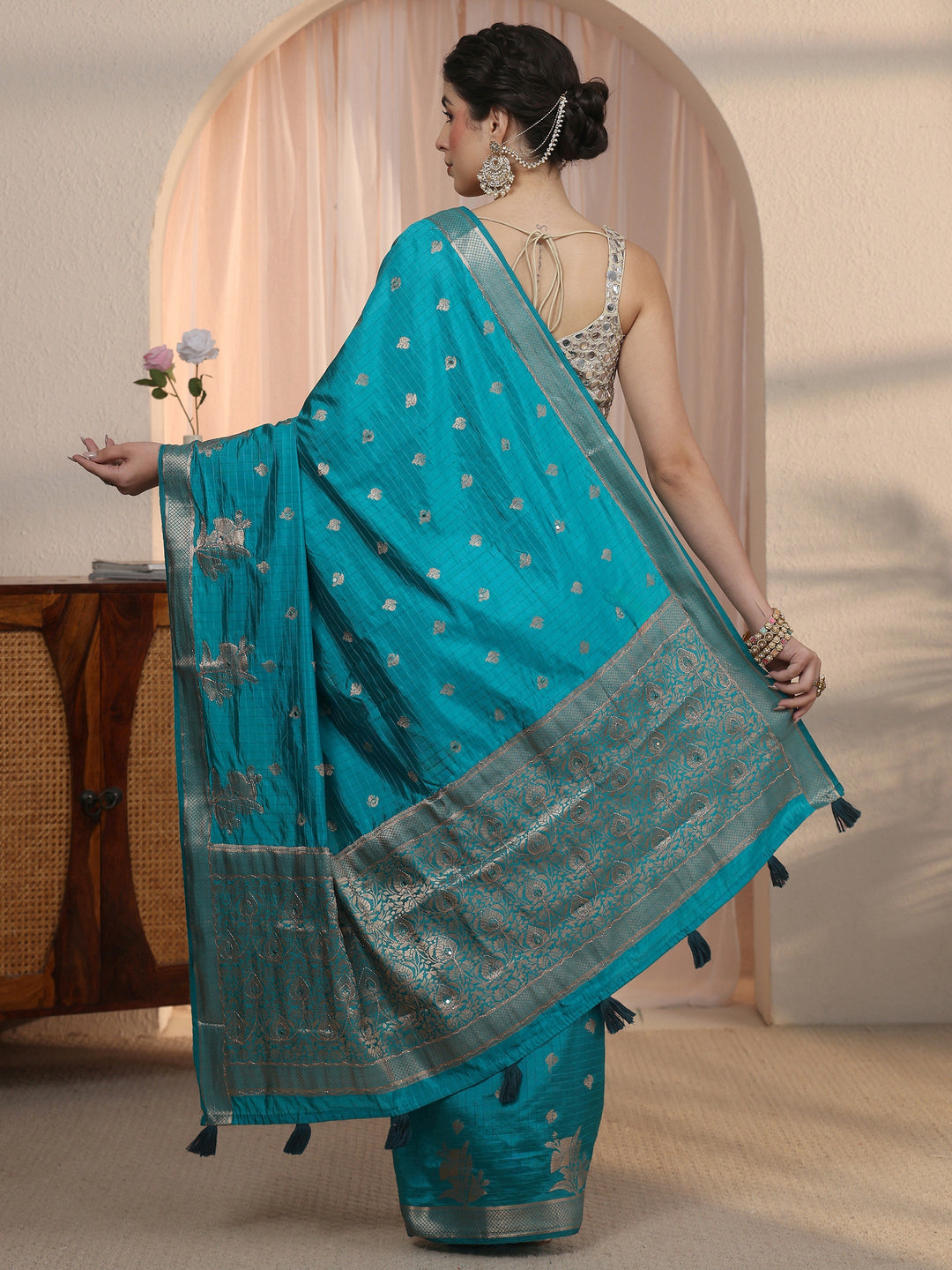 Libas Turquoise Blue Woven Design Mirror Work Silk Blend Saree
