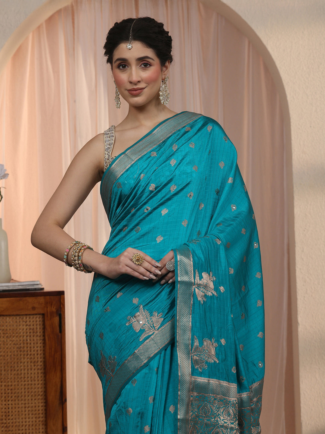 Libas Turquoise Blue Woven Design Mirror Work Silk Blend Saree