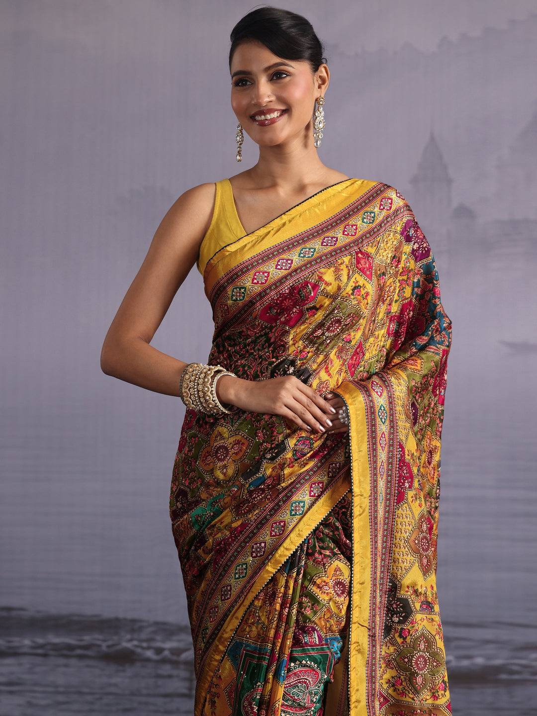 Libas Multicolour Printed Sequin Silk Blend Saree