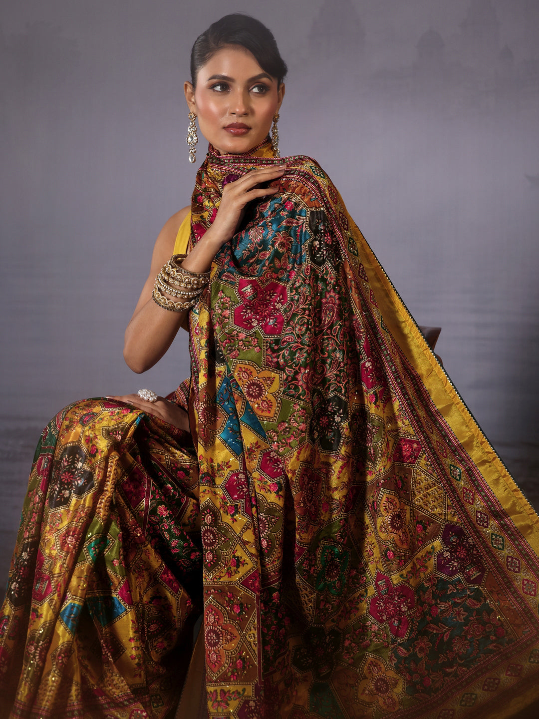 Libas Multicolour Printed Sequin Silk Blend Saree