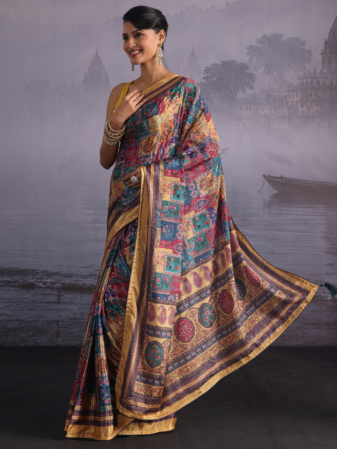 Libas Multicolour Printed Sequin Silk Blend Saree