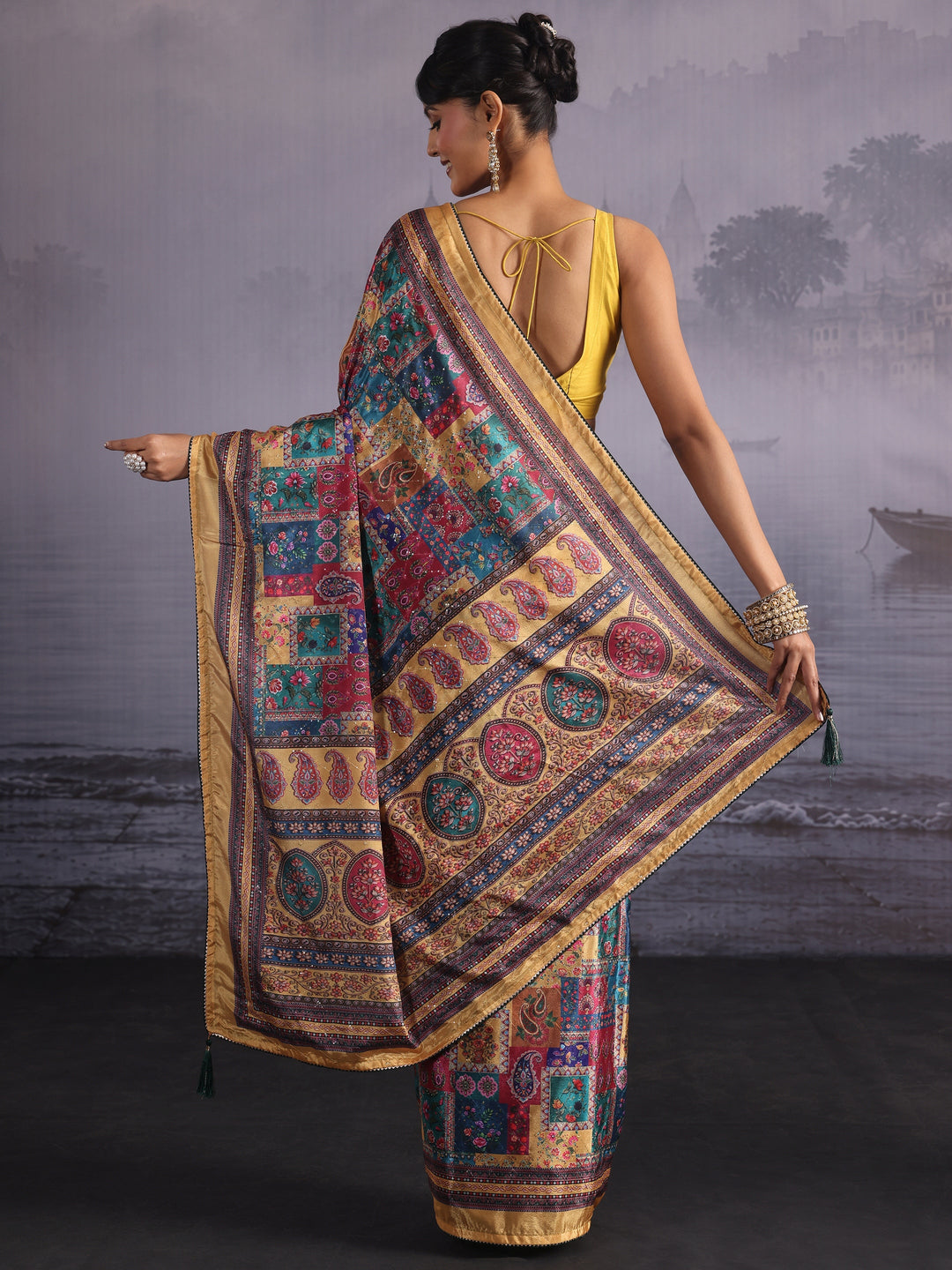 Libas Multicolour Printed Sequin Silk Blend Saree