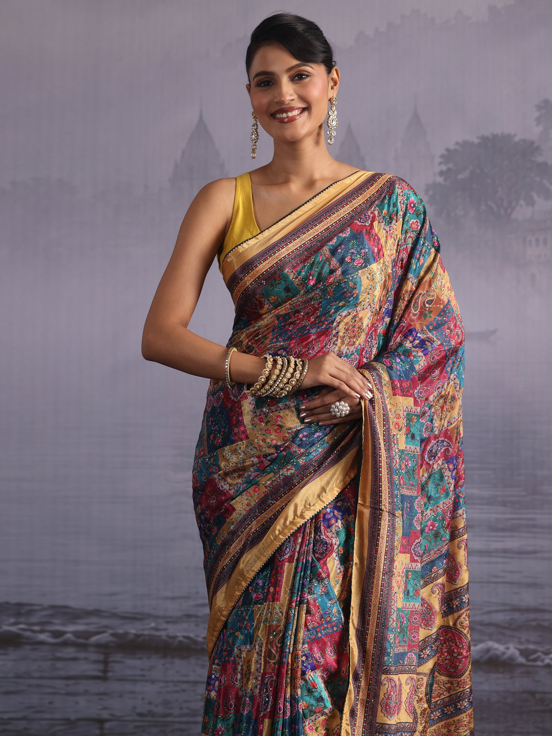 Libas Multicolour Printed Sequin Silk Blend Saree