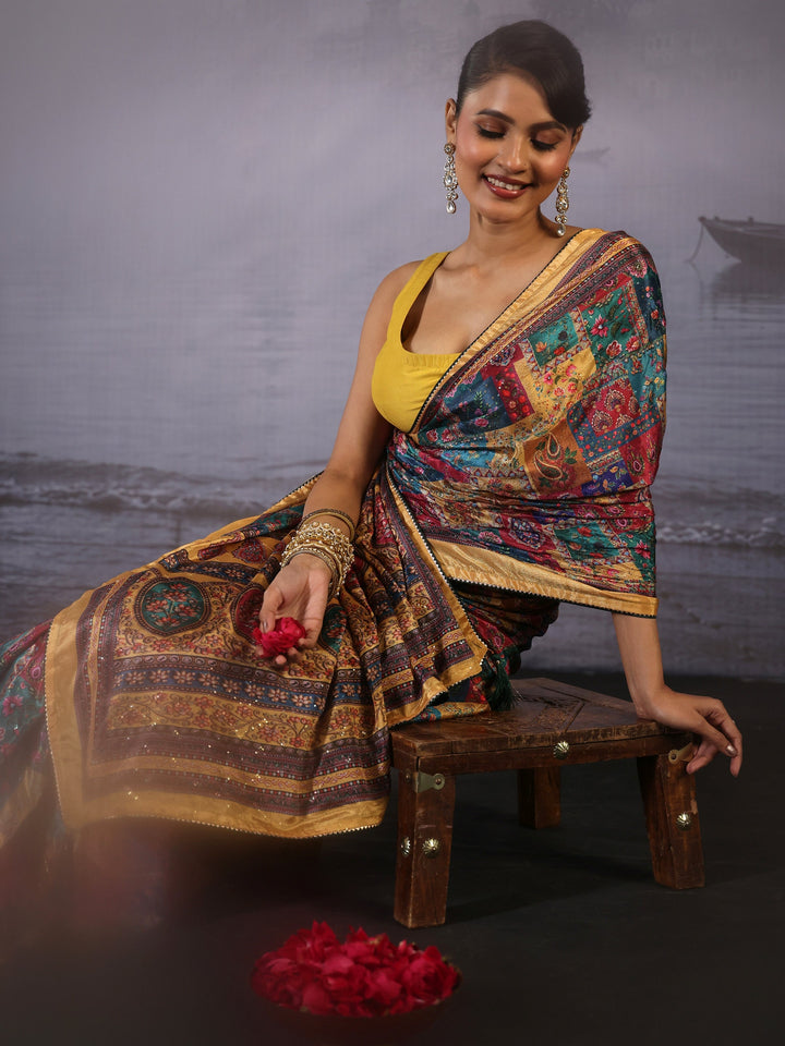Libas Multicolour Printed Sequin Silk Blend Saree