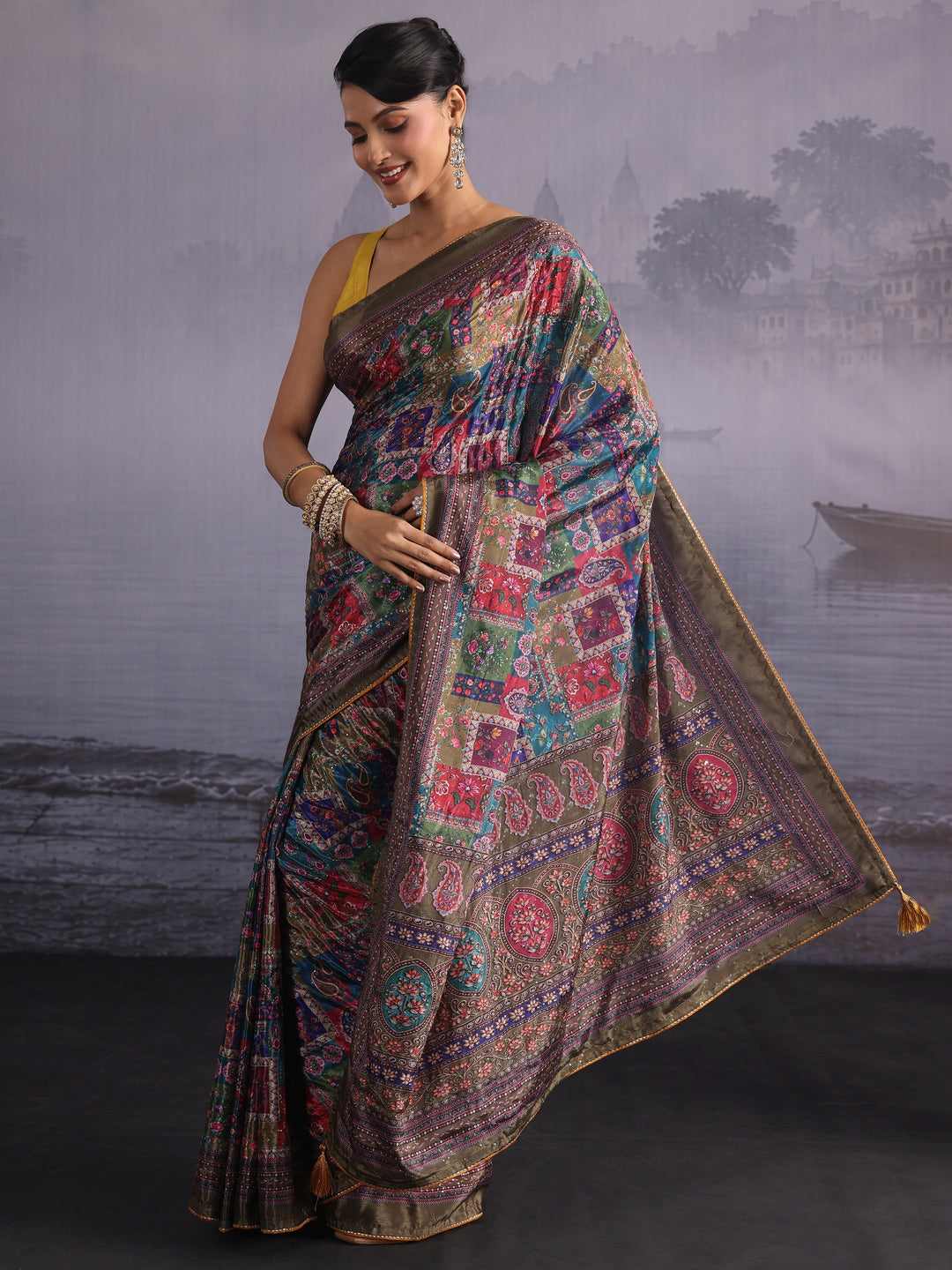 Libas Multicolour Printed Sequin Silk Blend Saree