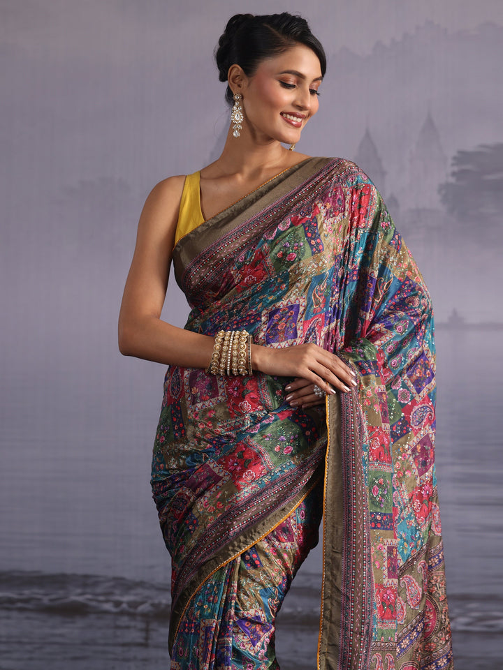 Libas Multicolour Printed Sequin Silk Blend Saree