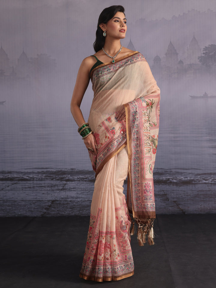 Libas Beige Flower and Parrot Printed Silk Blend Tassel Saree