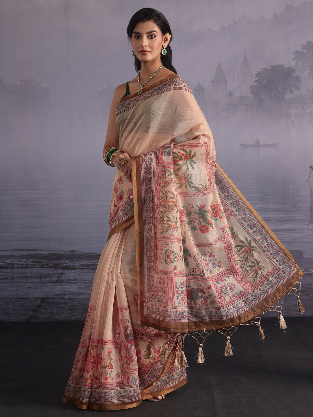 Libas Beige Flower and Parrot Printed Silk Blend Tassel Saree