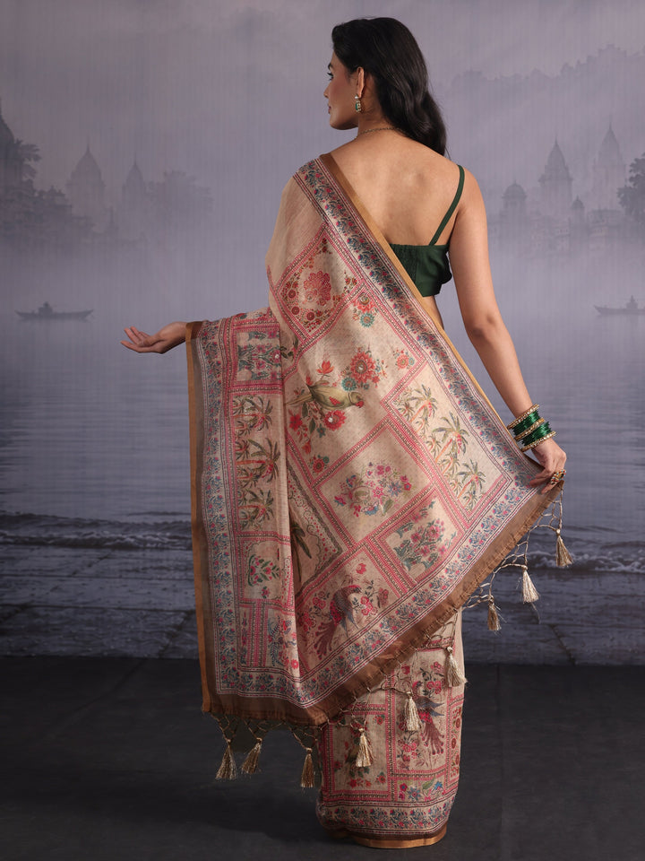 Libas Beige Flower and Parrot Printed Silk Blend Tassel Saree