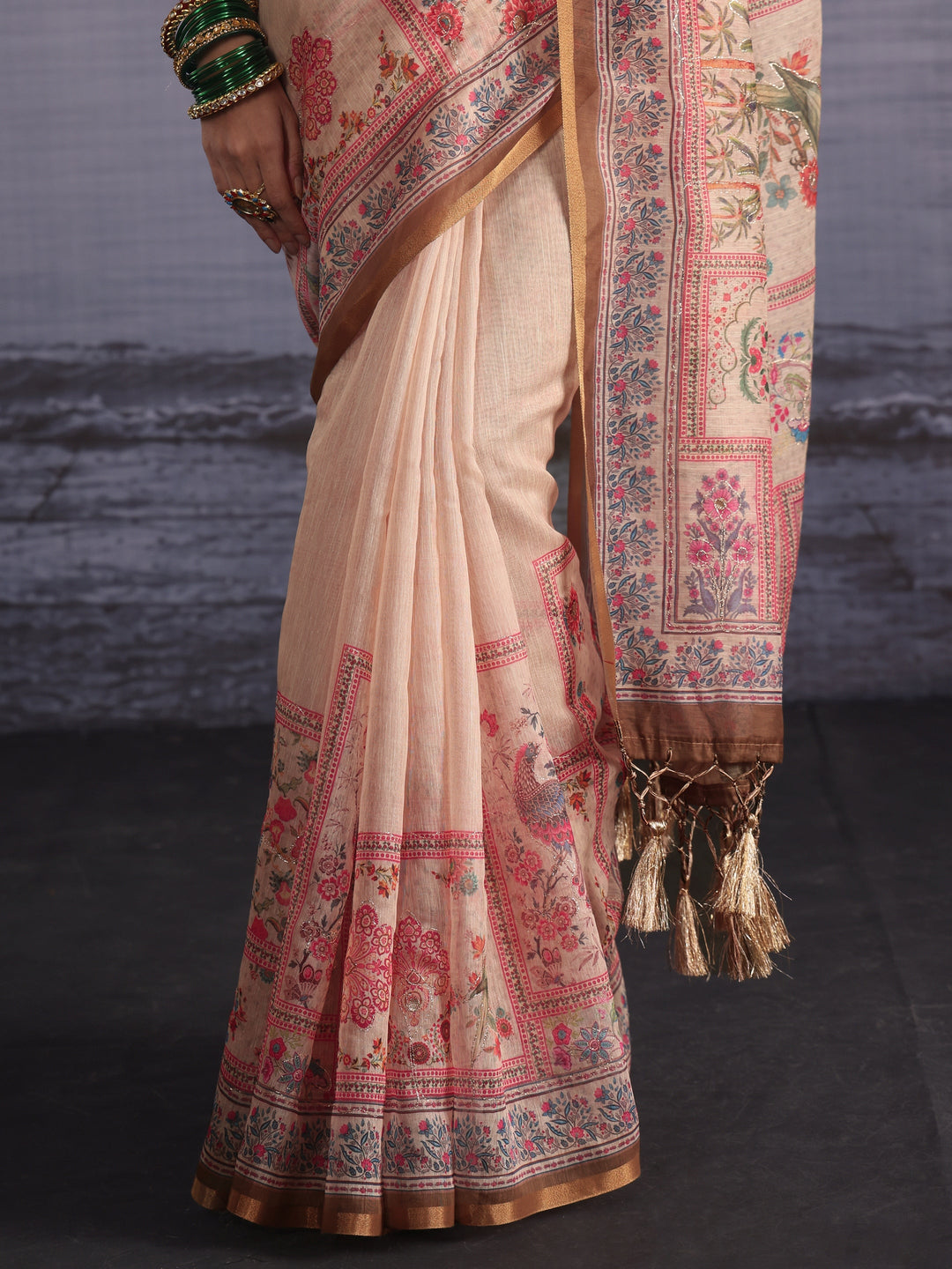Libas Beige Flower and Parrot Printed Silk Blend Tassel Saree