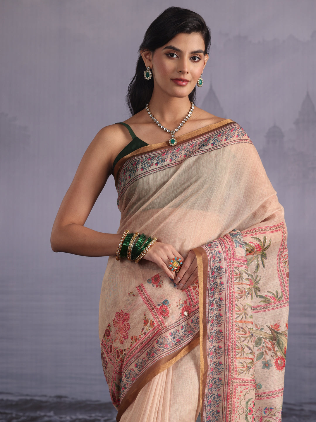 Libas Beige Flower and Parrot Printed Silk Blend Tassel Saree