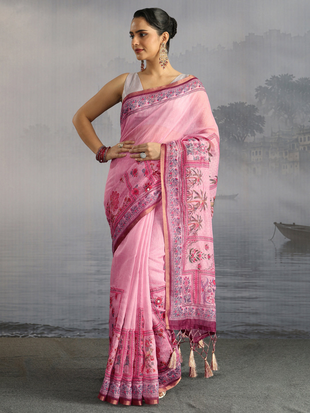 Libas Lilac Printed Silk Blend Saree