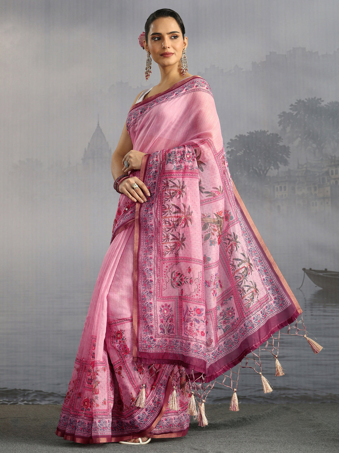 Libas Lilac Printed Silk Blend Saree