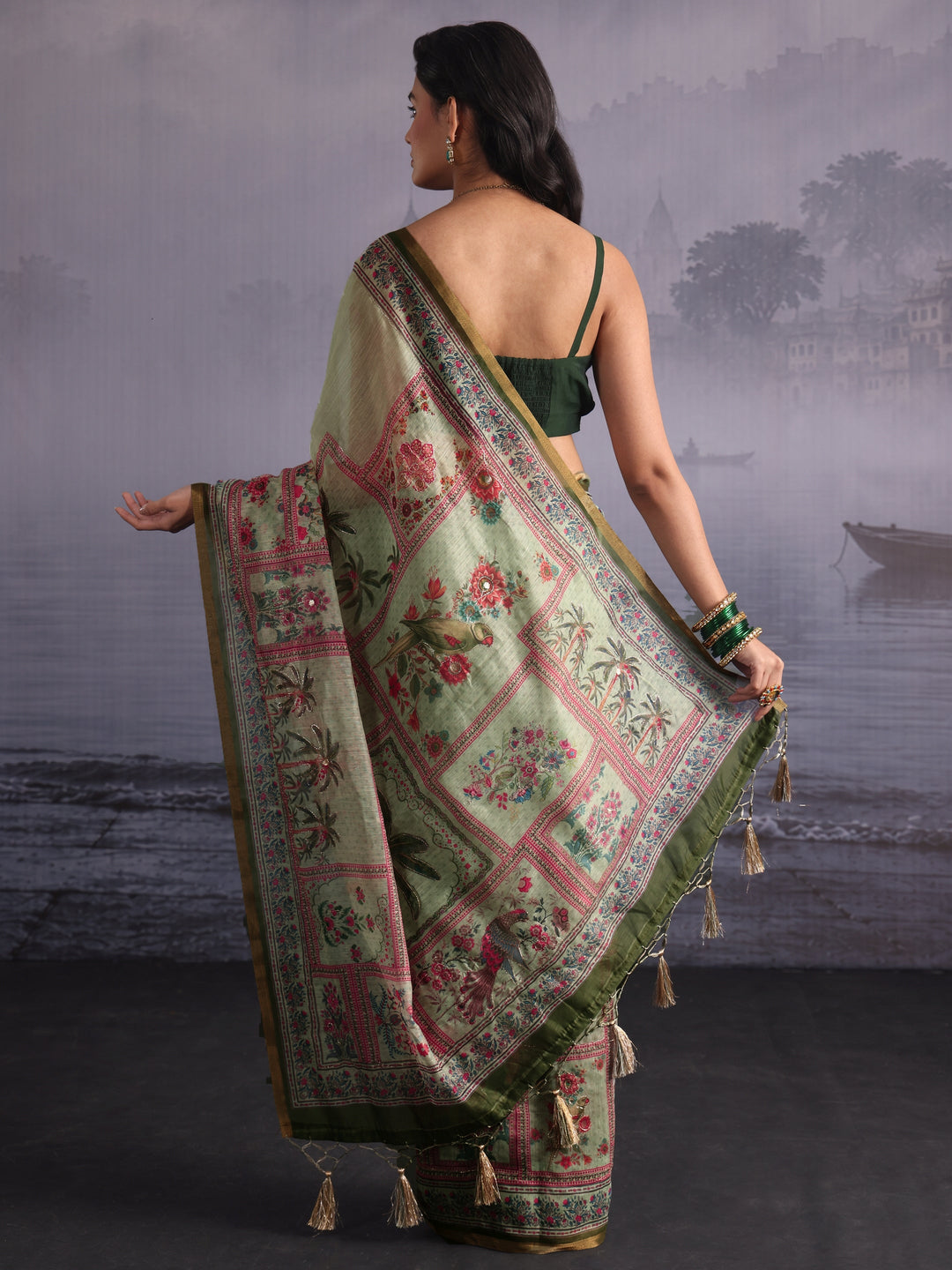Libas Green Flower and Parrot Printed Silk Blend Tassel Saree
