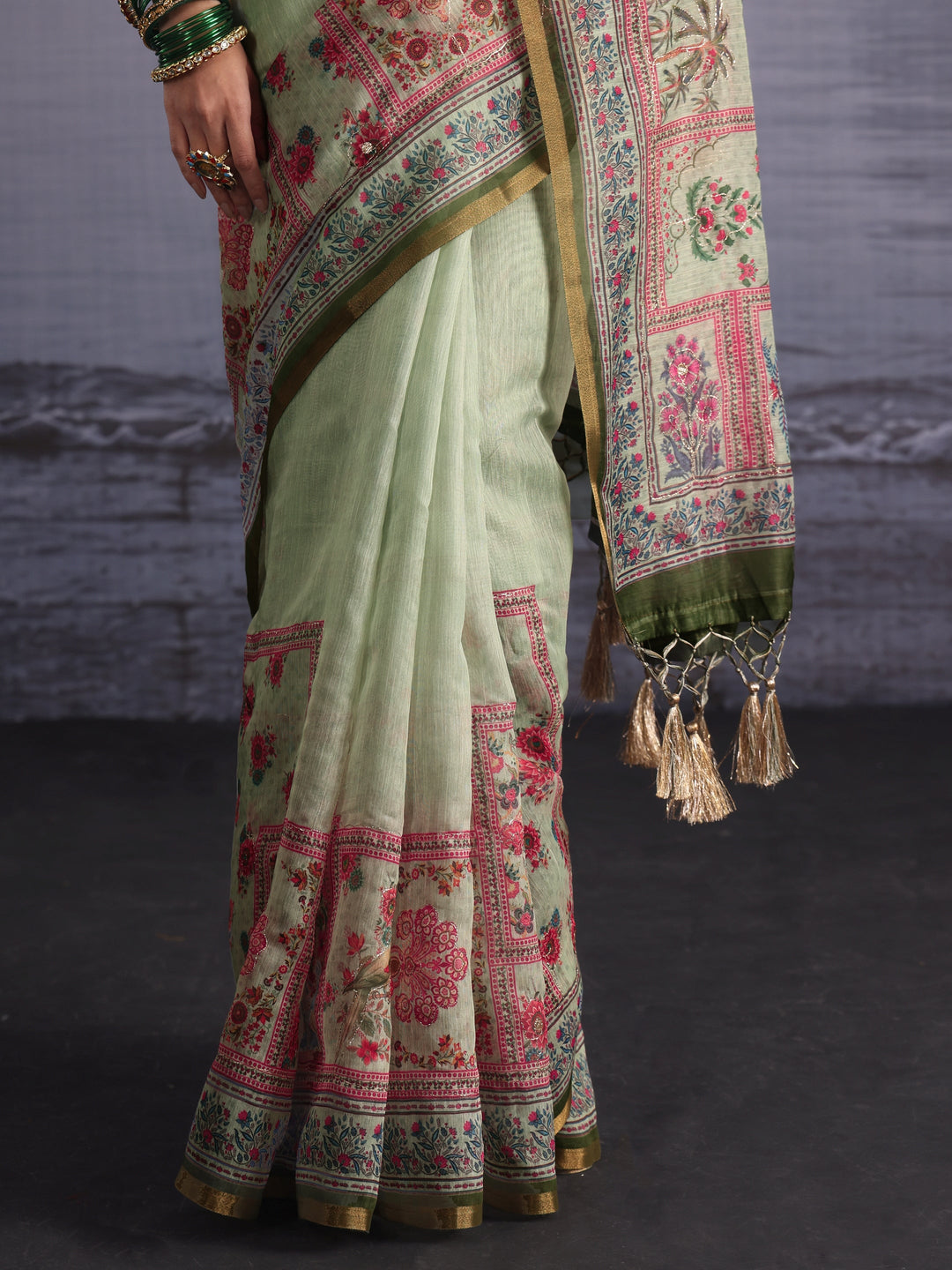 Libas Green Flower and Parrot Printed Silk Blend Tassel Saree