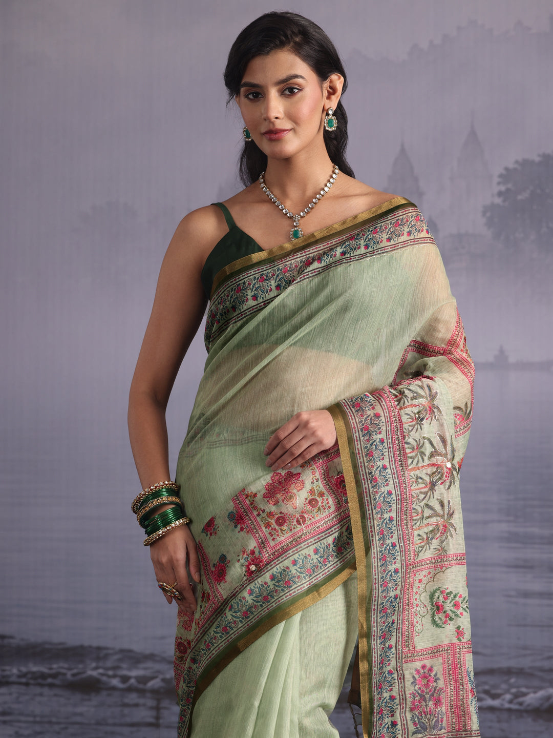 Libas Green Flower and Parrot Printed Silk Blend Tassel Saree