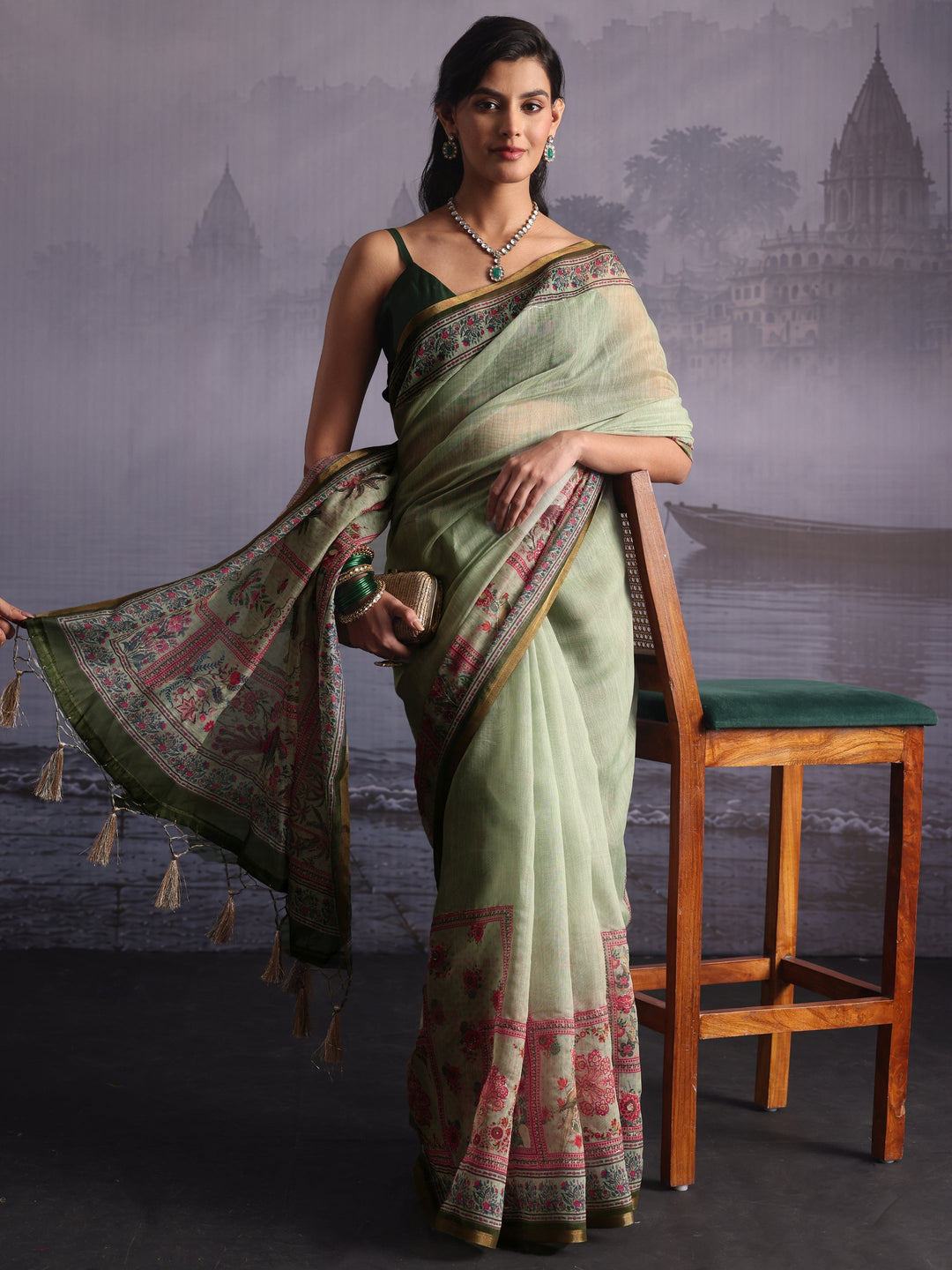 Libas Green Flower and Parrot Printed Silk Blend Tassel Saree