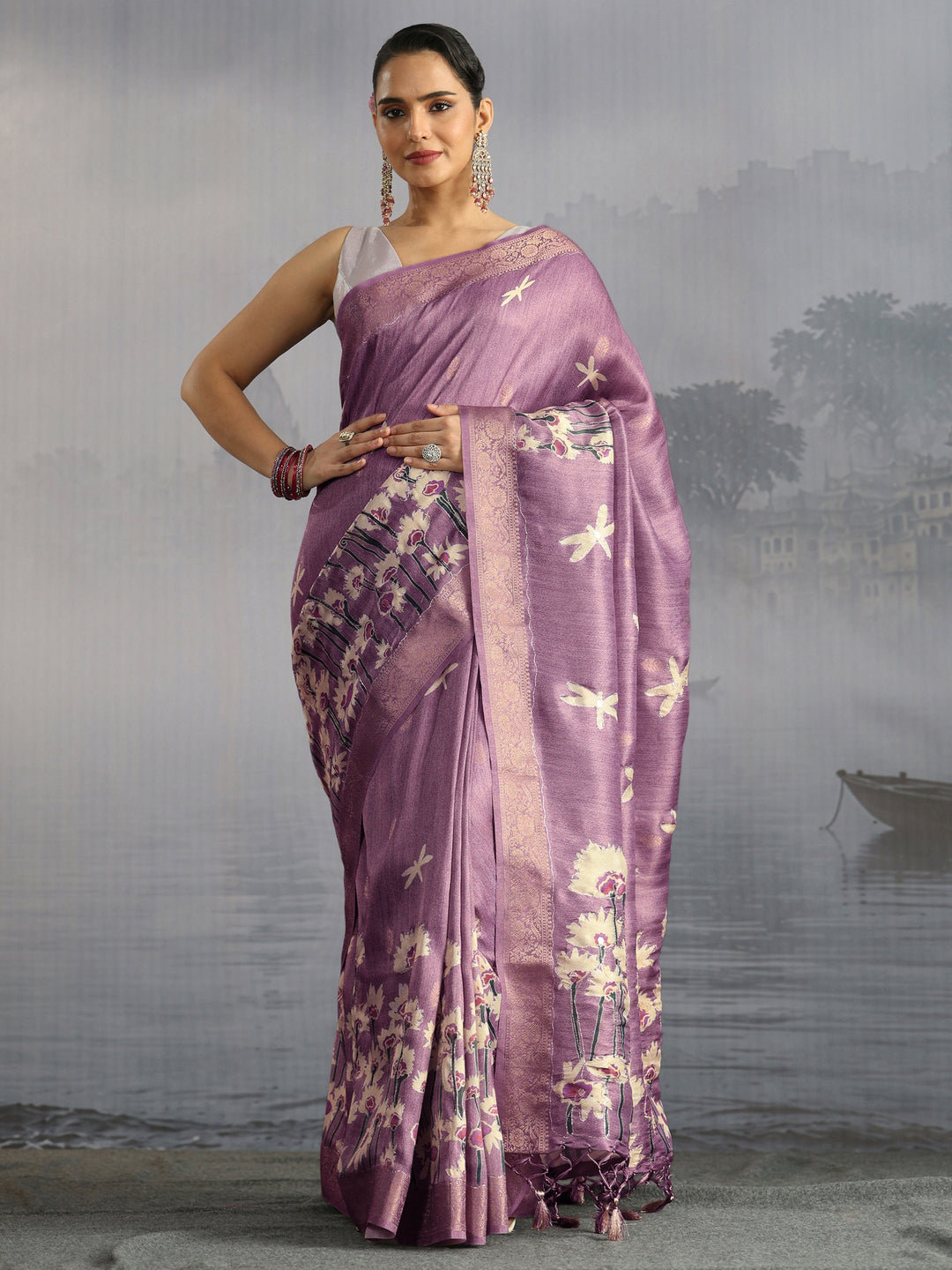 Libas Lavender Floral Printed Silk Blend Saree