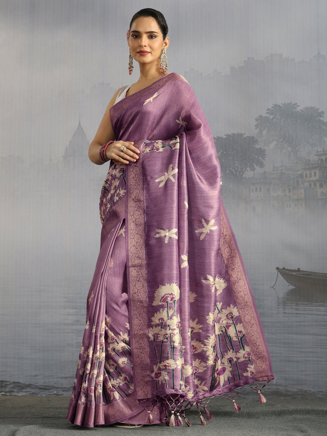 Libas Lavender Floral Printed Silk Blend Saree