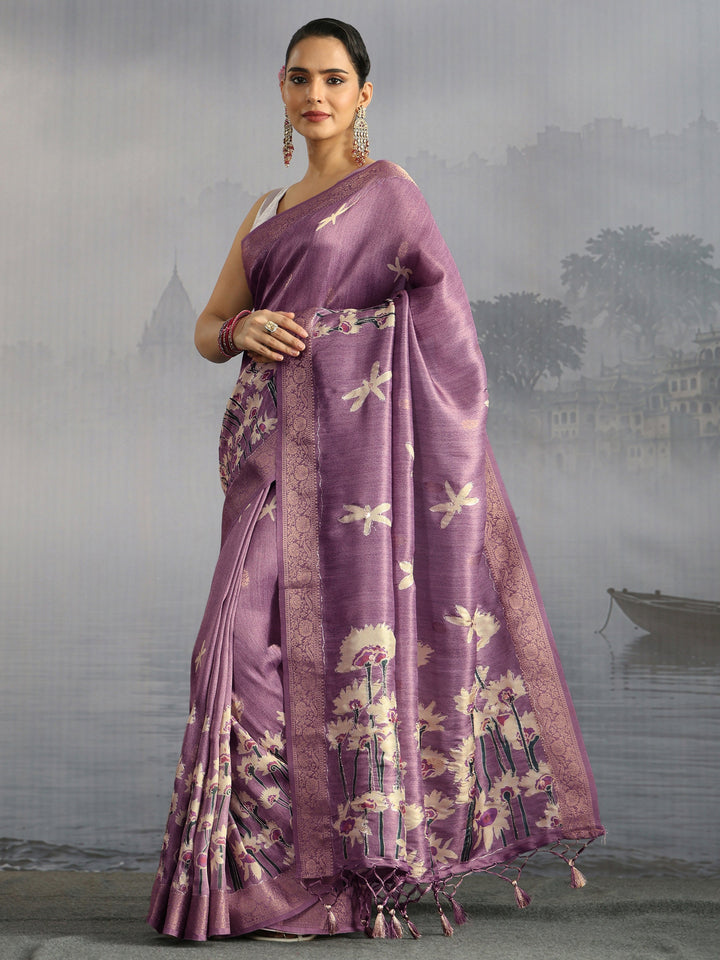 Libas Lavender Floral Printed Silk Blend Saree