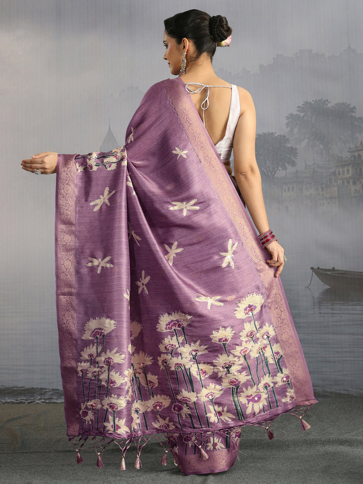 Libas Lavender Floral Printed Silk Blend Saree