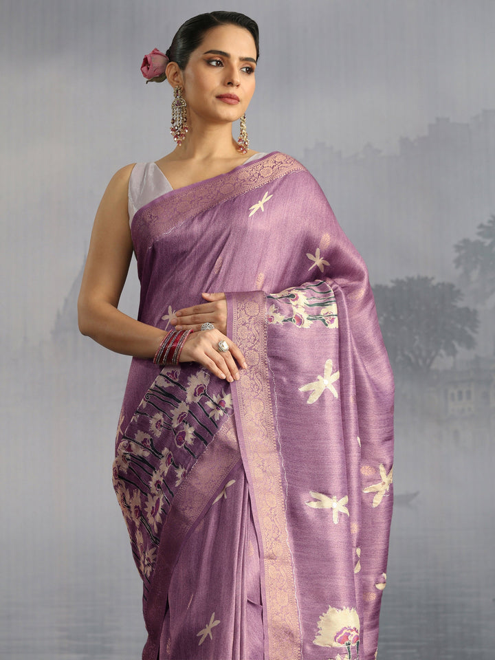 Libas Lavender Floral Printed Silk Blend Saree
